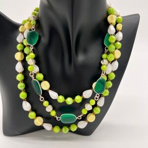 Vintage West Germany Lime Green Beaded & Lucite Necklace – 3 Strand‎ 17"